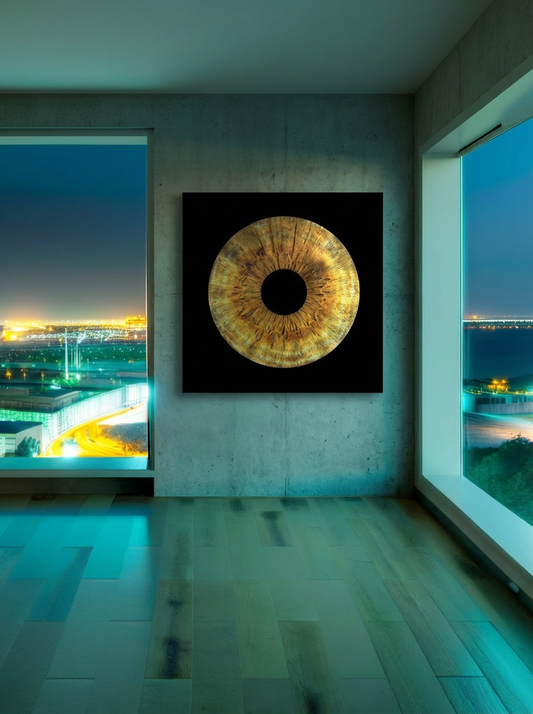Lifestyle: 1-persoons irisfoto op museumglas in woonkamerinterieur – IrisArtwork