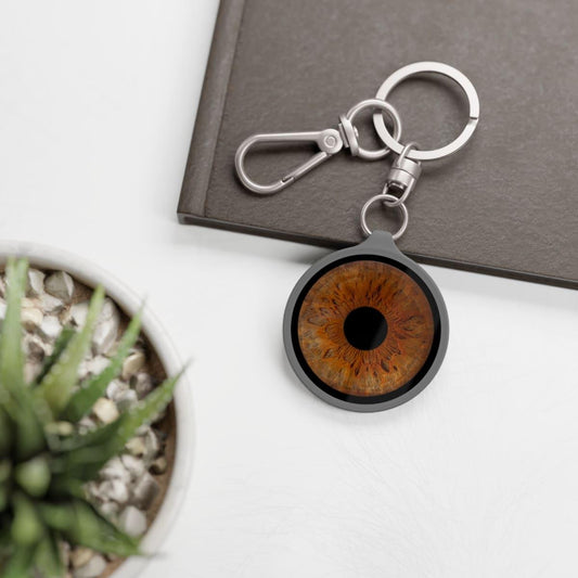 Iris sleutelhanger met bruine irisfoto in ronde houder – gepersonaliseerd cadeau van IrisArtwork